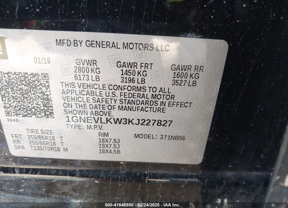 2019 CHEVROLET TRAVERSE VIN: 1GNEVLKW3KJ227827