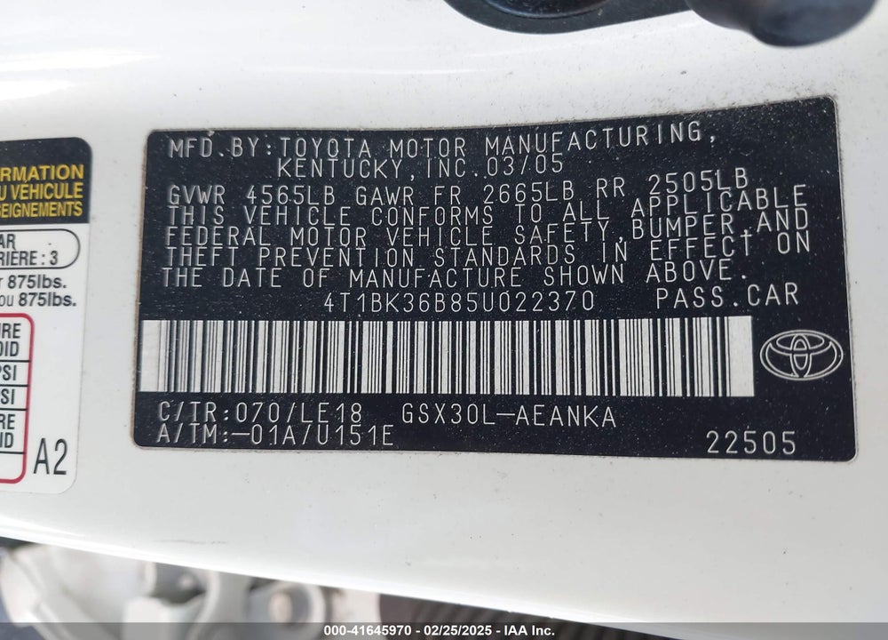 2005 TOYOTA AVALON TOURING VIN: 4T1BK36B85U022370