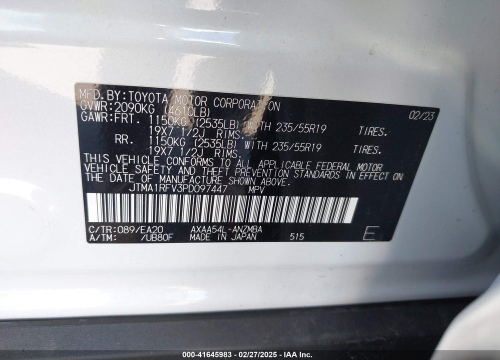 2023 TOYOTA RAV4 VIN: JTMA1RFV3PD097447