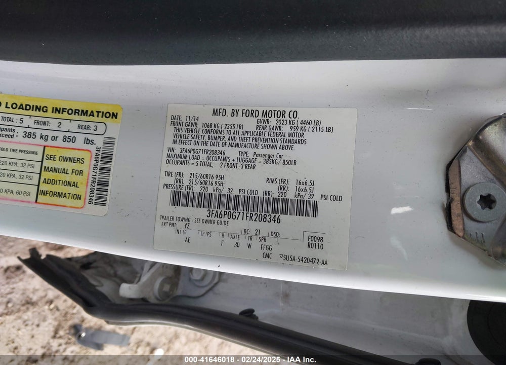 2015 FORD FUSION VIN: 3FA6P0G71FR208346