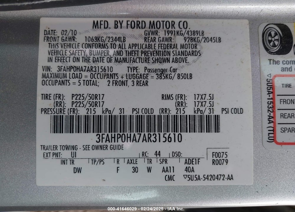 2010 FORD FUSION VIN: 3FAHP0HA7AR315610