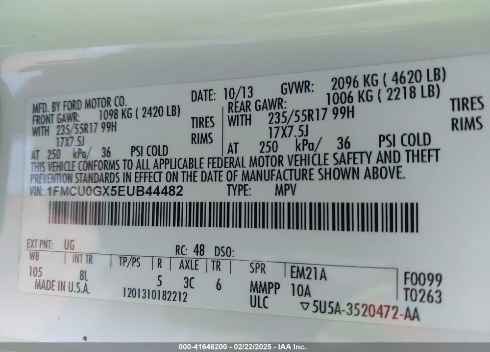 2014 FORD ESCAPE SE VIN: 1FMCU0GX5EUB44482