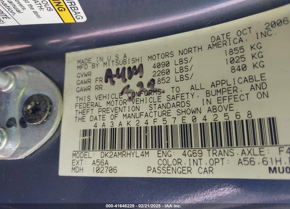 2007 MITSUBISHI ECLIPSE VIN: 4A3AK24F57E042568