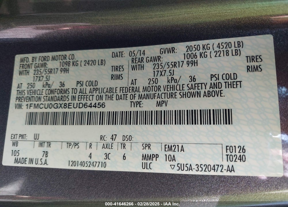 2014 FORD ESCAPE SE VIN: 1FMCU0GX8EUD64456