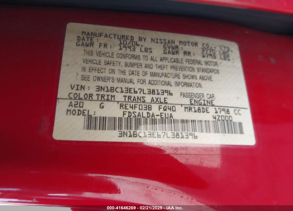 2007 NISSAN VERSA 1.8S VIN: 3N1BC13E67L381396