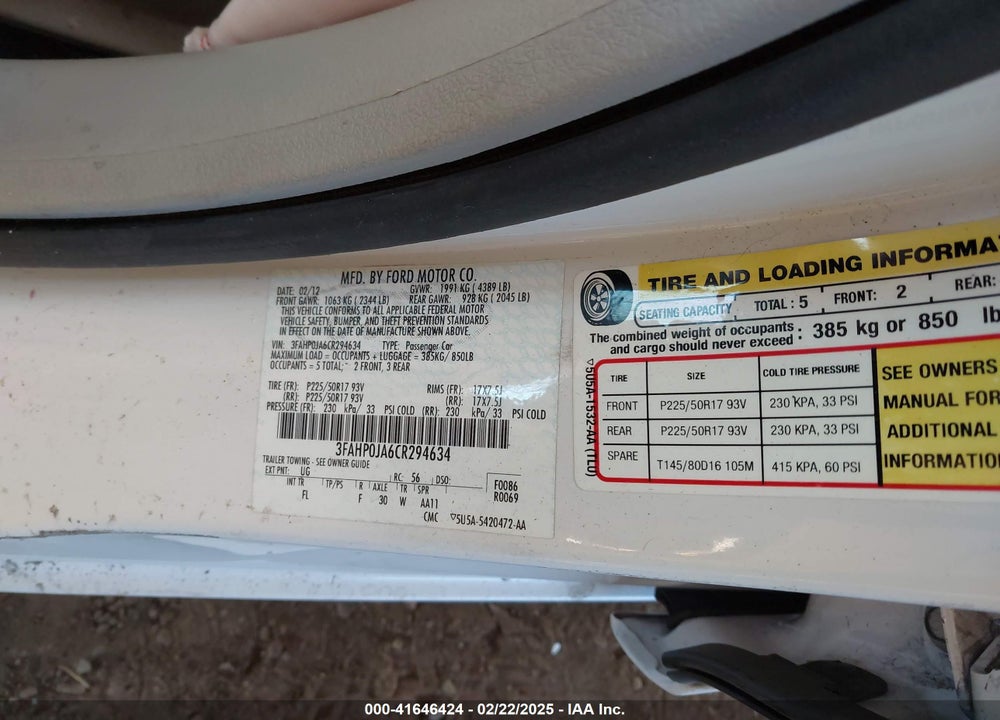 2012 FORD FUSION VIN: 3FAHP0JA6CR294634