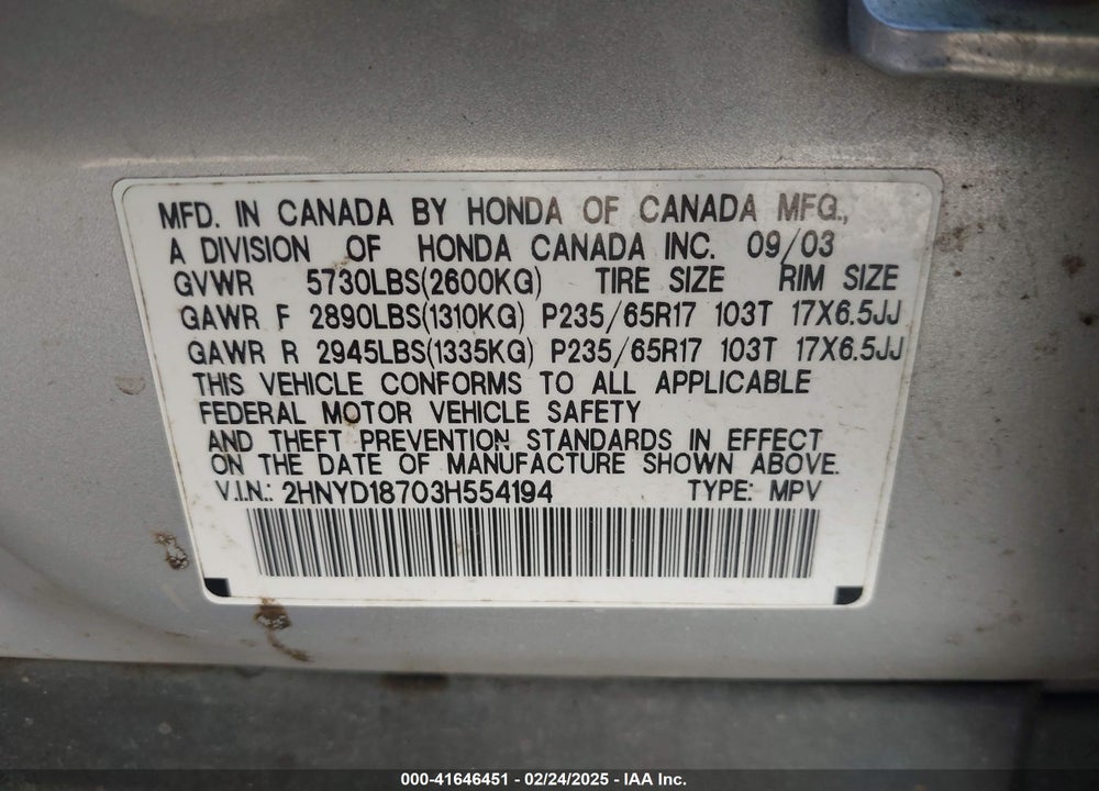 2003 ACURA MDX VIN: 2HNYD18703H554194