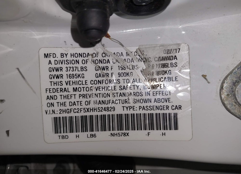 2017 HONDA CIVIC VIN: 2HGFC2F5XHH524829