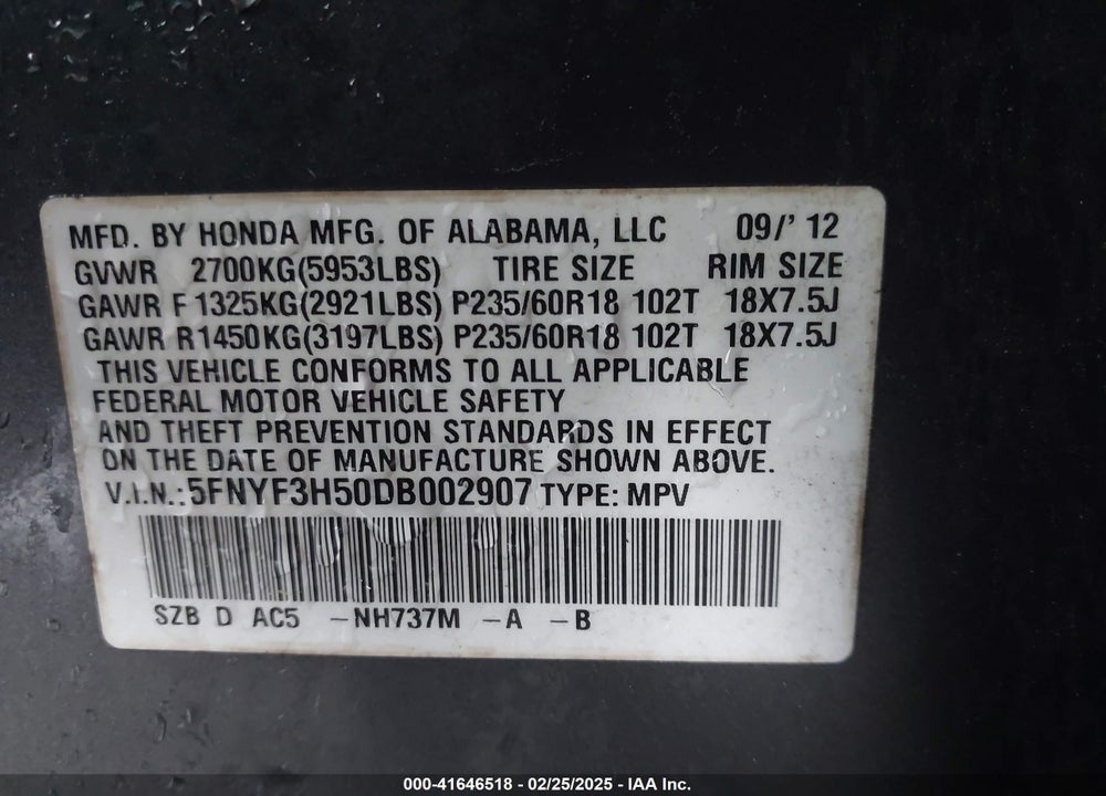 2013 HONDA PILOT VIN: 5FNYF3H50DB002907