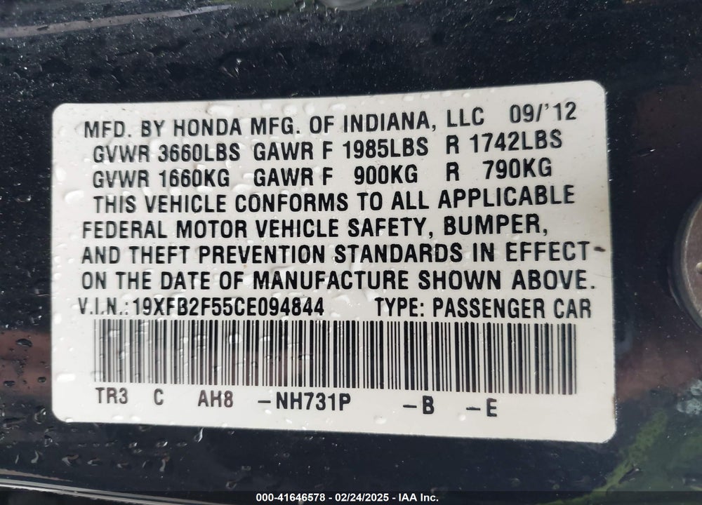 2012 HONDA CIVIC VIN: 19XFB2F55CE094844