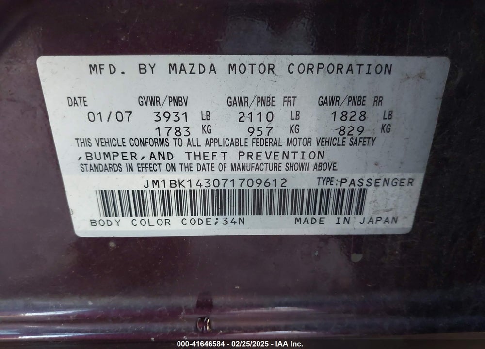 2007 MAZDA 3 S SPORT VIN: JM1BK143071709612