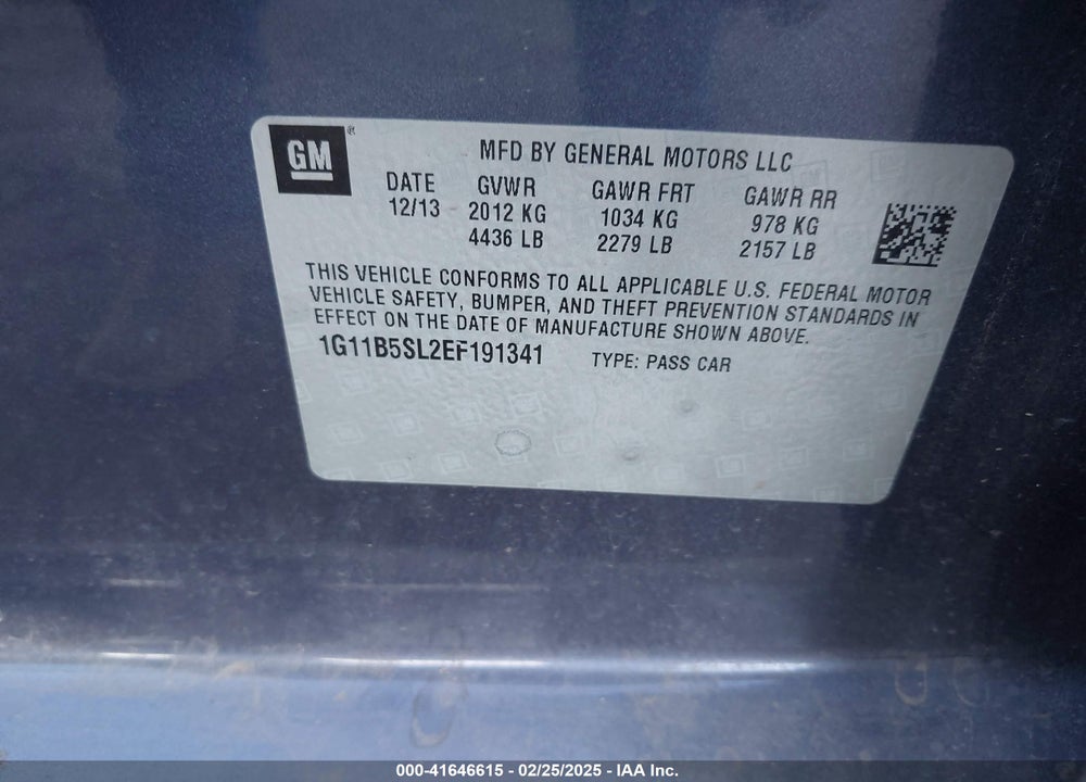 2014 CHEVROLET MALIBU VIN: 1G11B5SL2EF191341