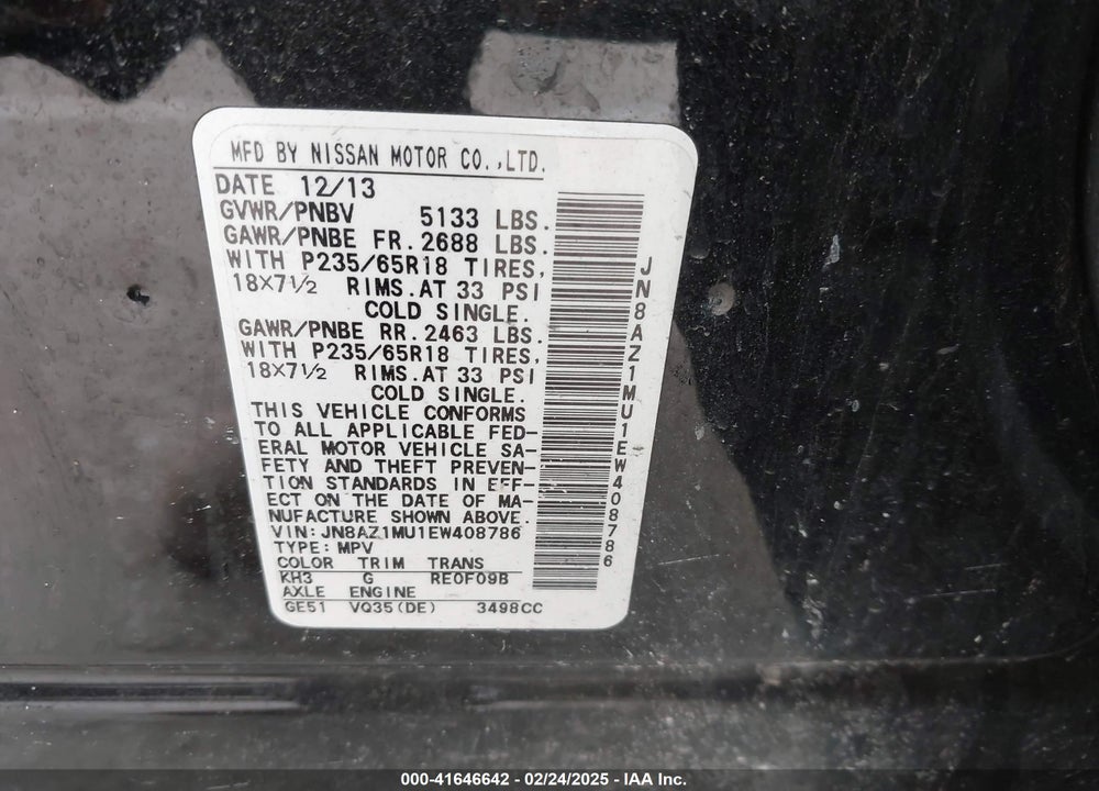 2014 NISSAN MURANO VIN: JN8AZ1MU1EW408786