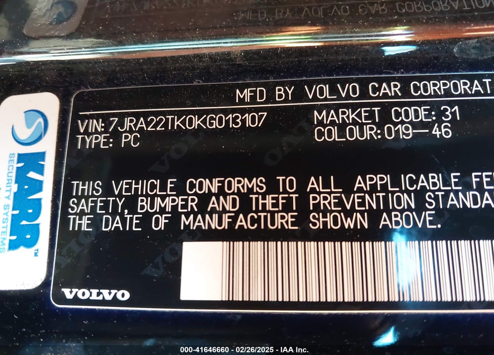2019 VOLVO S60 VIN: 7JRA22TK0KG013107