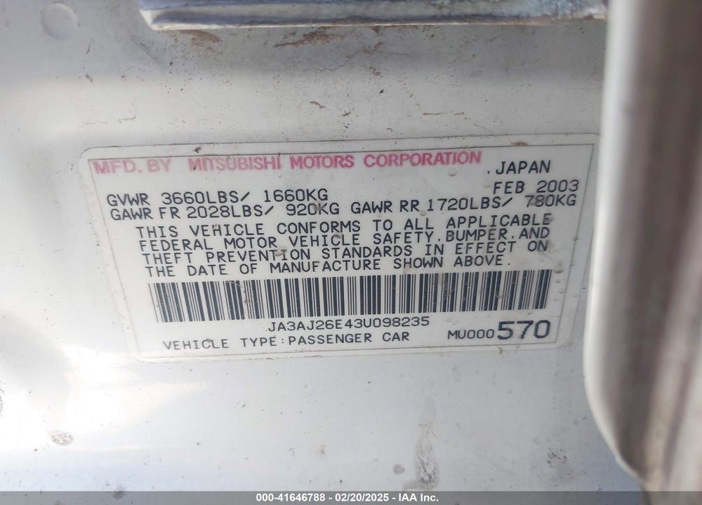 2003 MITSUBISHI LANCER ES VIN: JA3AJ26E43U098235