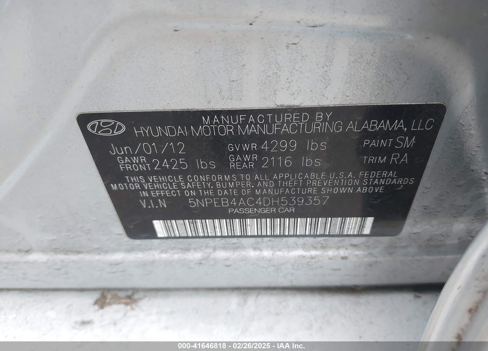 2013 HYUNDAI SONATA VIN: 5NPEB4AC4DH539357