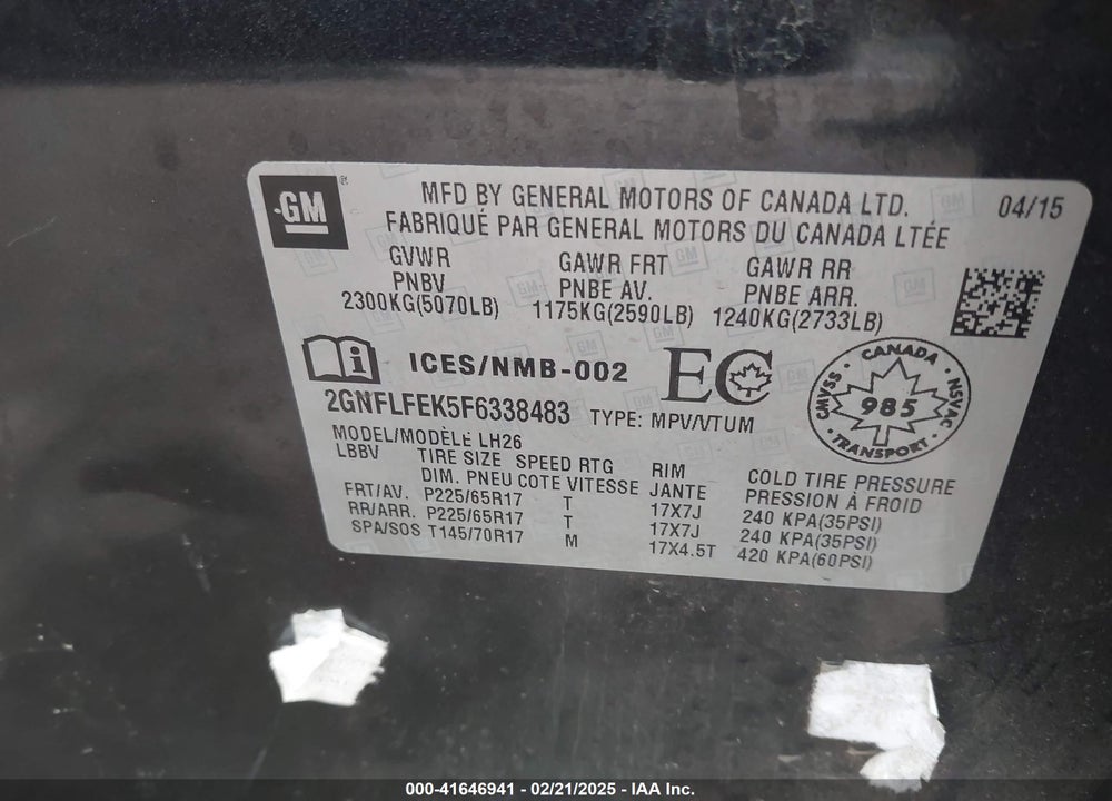 2015 CHEVROLET EQUINOX 1LT VIN: 2GNFLFEK5F6338483