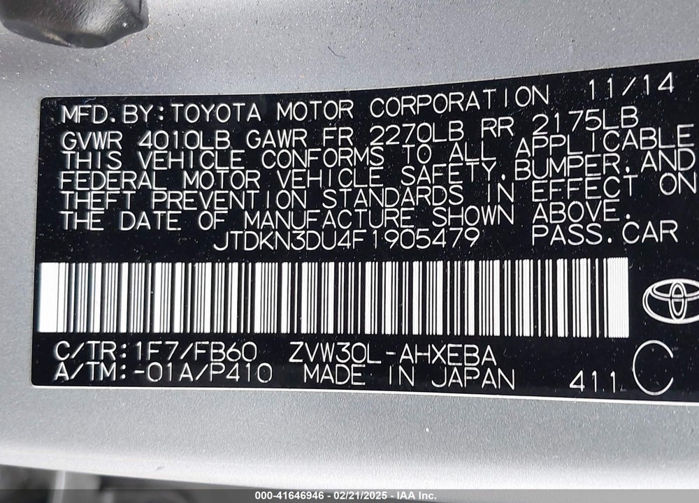 2015 TOYOTA PRIUS VIN: JTDKN3DU4F1905479