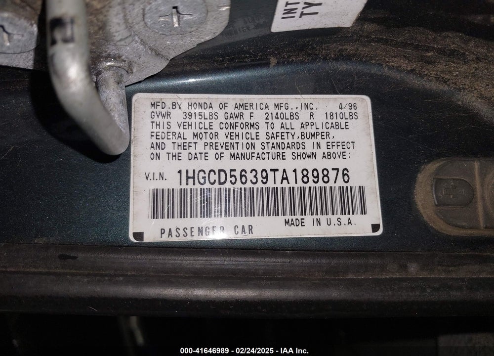1996 HONDA ACCORD LX/EX VIN: 1HGCD5639TA189876