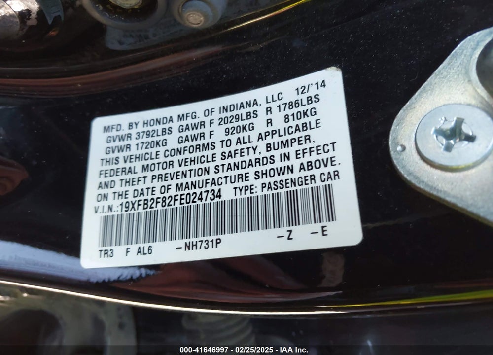 2015 HONDA CIVIC VIN: 19XFB2F82FE024734