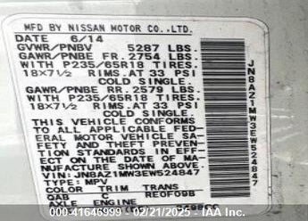2014 NISSAN MURANO VIN: JN8AZ1MH3EW524847