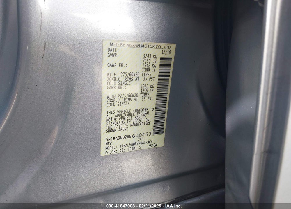 2011 NISSAN ARMADA VIN: 5N1BA0ND2BN610453