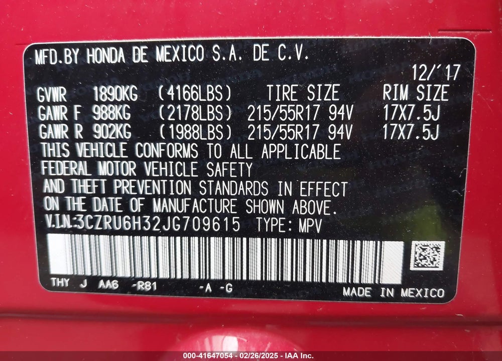 2018 HONDA HR-V LX VIN: 3CZRU6H32JG709615