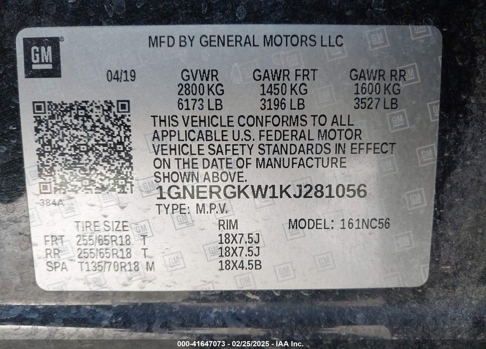2019 CHEVROLET TRAVERSE 1LT VIN: 1GNERGKW1KJ281056