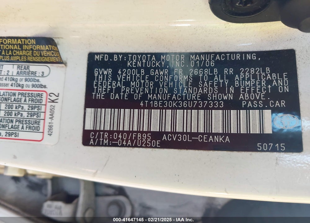 2006 TOYOTA CAMRY VIN: 4T1BE30K36U737333