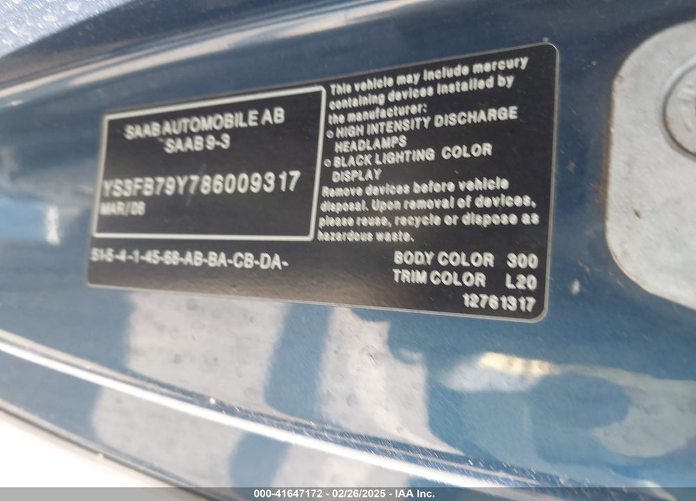 2008 SAAB 9-3 2.0T VIN: YS3FB79Y786009317