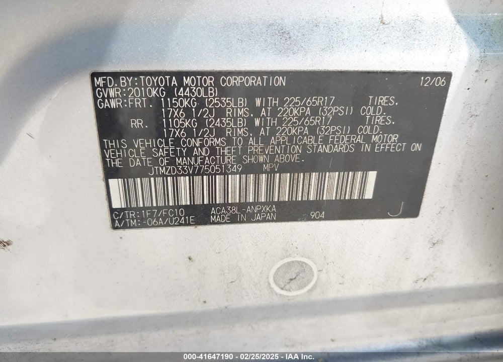 2007 TOYOTA RAV4 VIN: JTMZD33V775051349