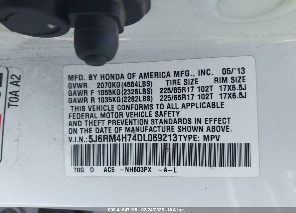 2013 HONDA CR-V EX-L VIN: 5J6RM4H74DL069213