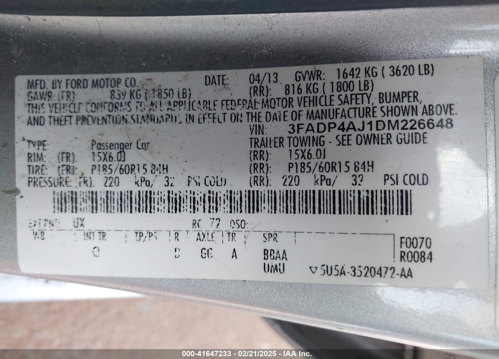 2013 FORD FIESTA VIN: 3FADP4AJ1DM226648