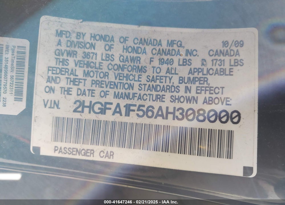 2010 HONDA CIVIC VIN: 2HGFA1F56AH308000