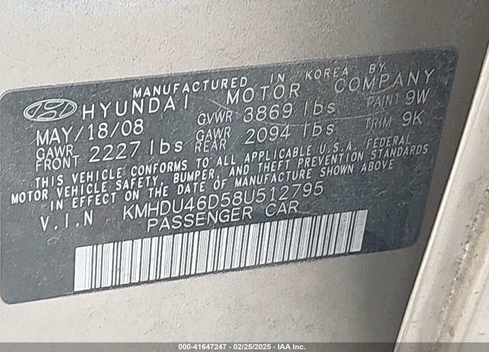 2008 HYUNDAI ELANTRA GLS/SE VIN: KMHDU46D58U512795