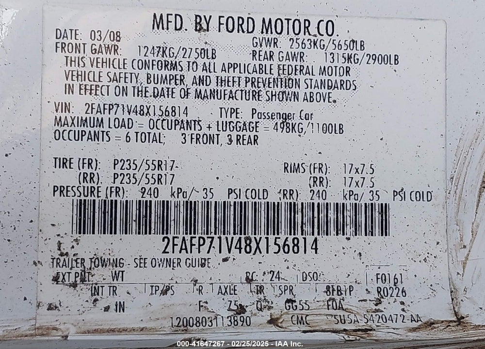 2008 FORD CROWN VICTORIA VIN: 2FAFP71V48X156814
