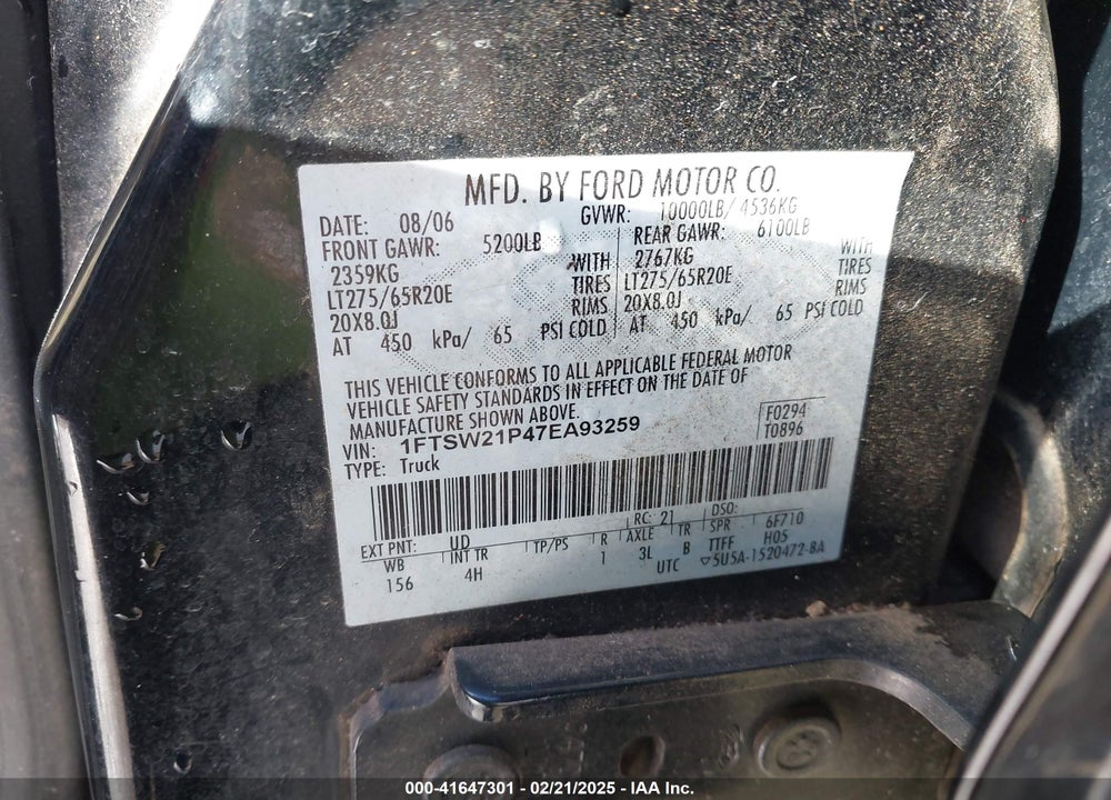 2007 FORD F-250 VIN: 1FTSW21P47EA93259
