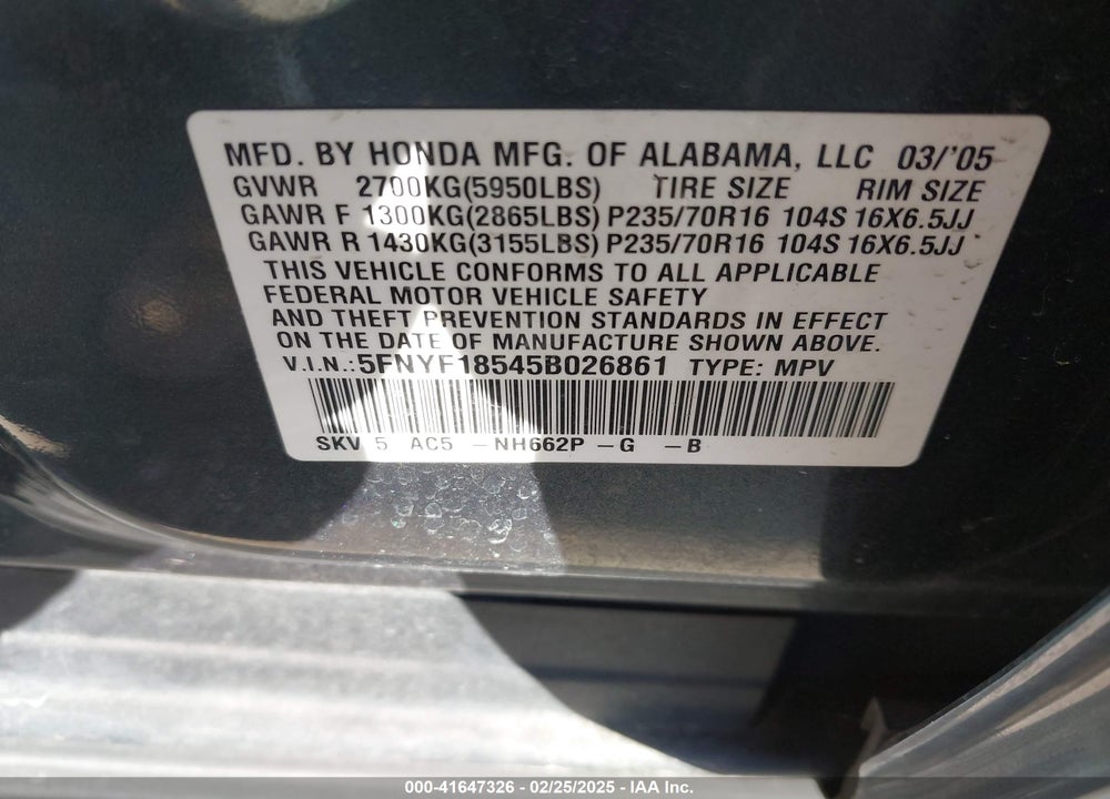 2005 HONDA PILOT EX-L VIN: 5FNYF18545B026861