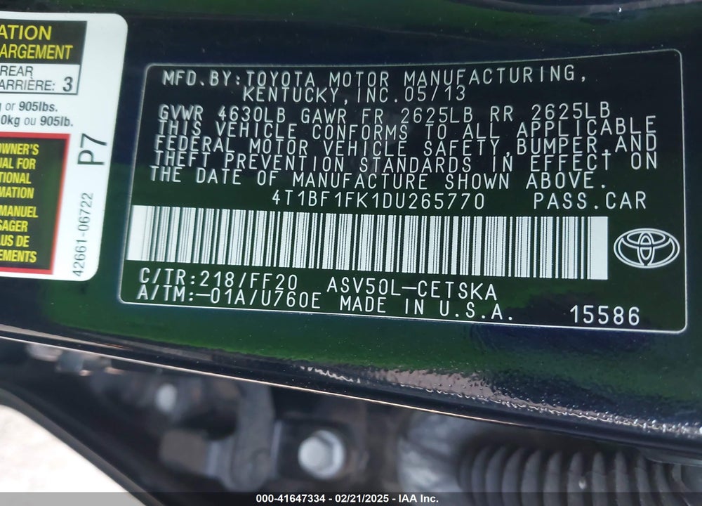 2013 TOYOTA CAMRY VIN: 4T1BF1FK1DU265770