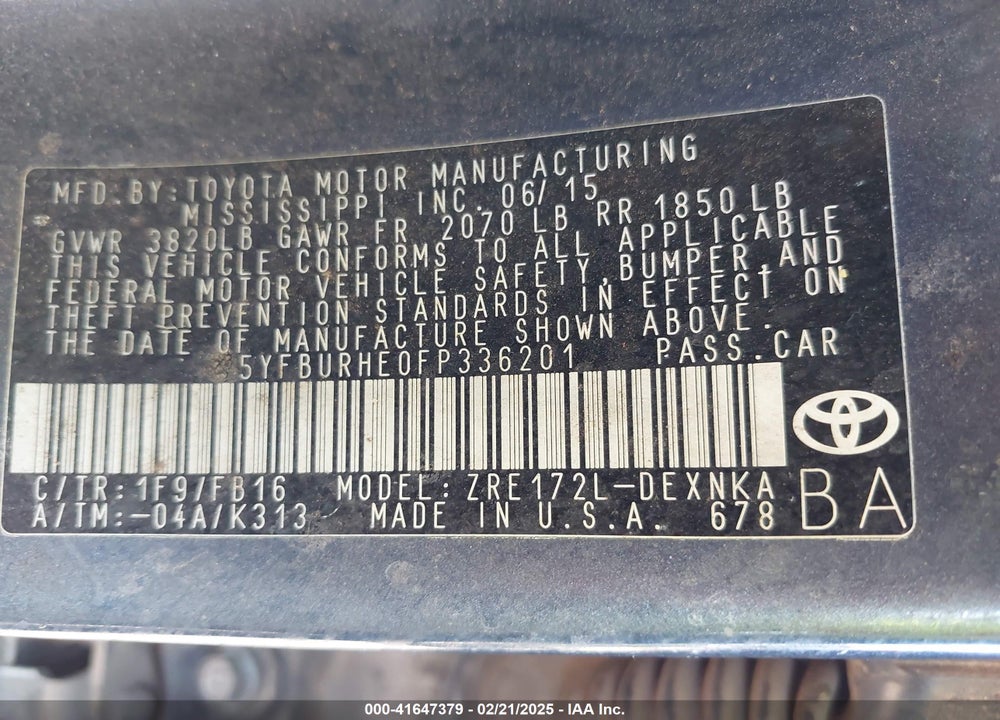 2015 TOYOTA COROLLA VIN: 5YFBURHE0FP336201