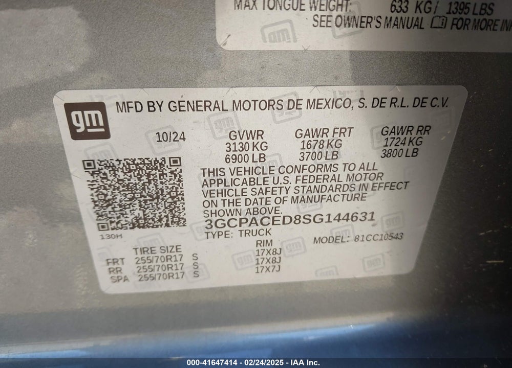 2025 CHEVROLET SILVERADO VIN: 3GCPACED8SG144631