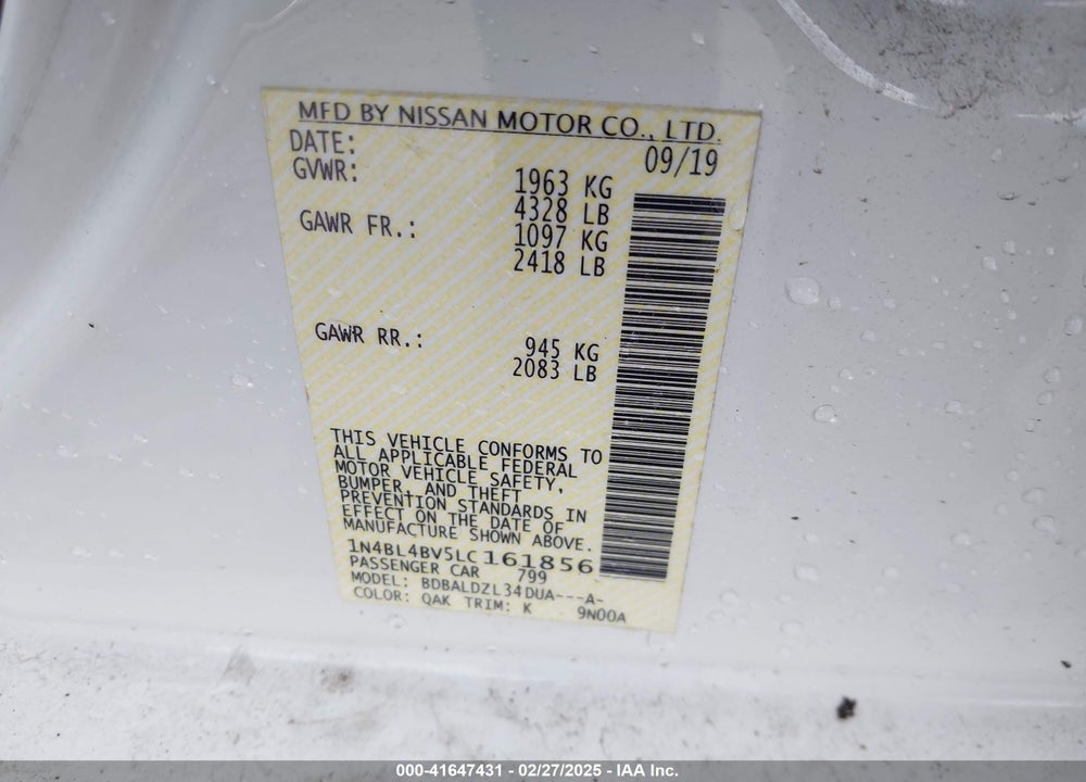 2020 NISSAN ALTIMA VIN: 1N4BL4BV5LC161856