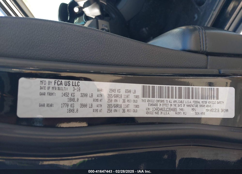 2018 DODGE DURANGO VIN: 1C4RDHAG3JC354665