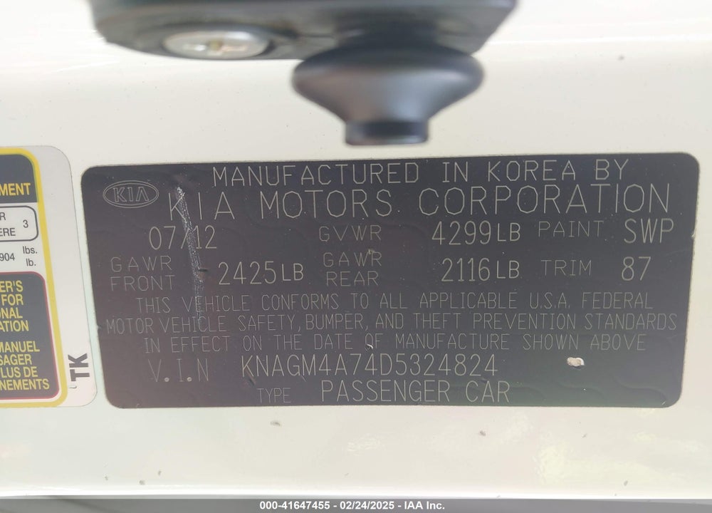 2013 KIA OPTIMA VIN: KNAGM4A74D5324824