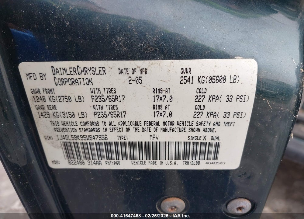 2005 JEEP LIBERTY LIMITED EDITION VIN: 1J4GL58K95W647956