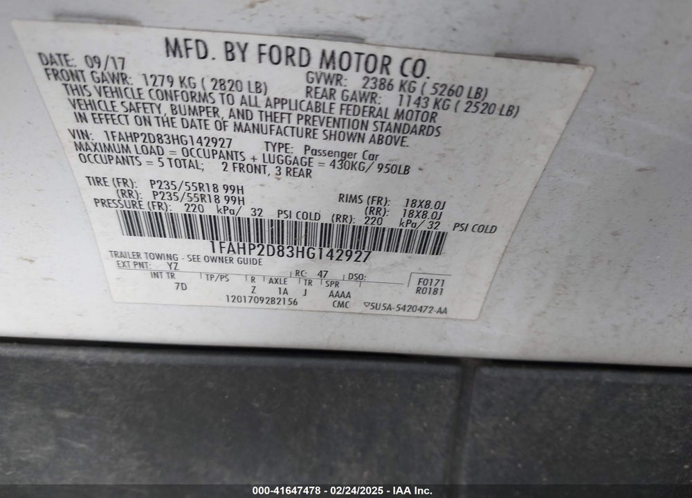2017 FORD TAURUS VIN: 1FAHP2D83HG142927