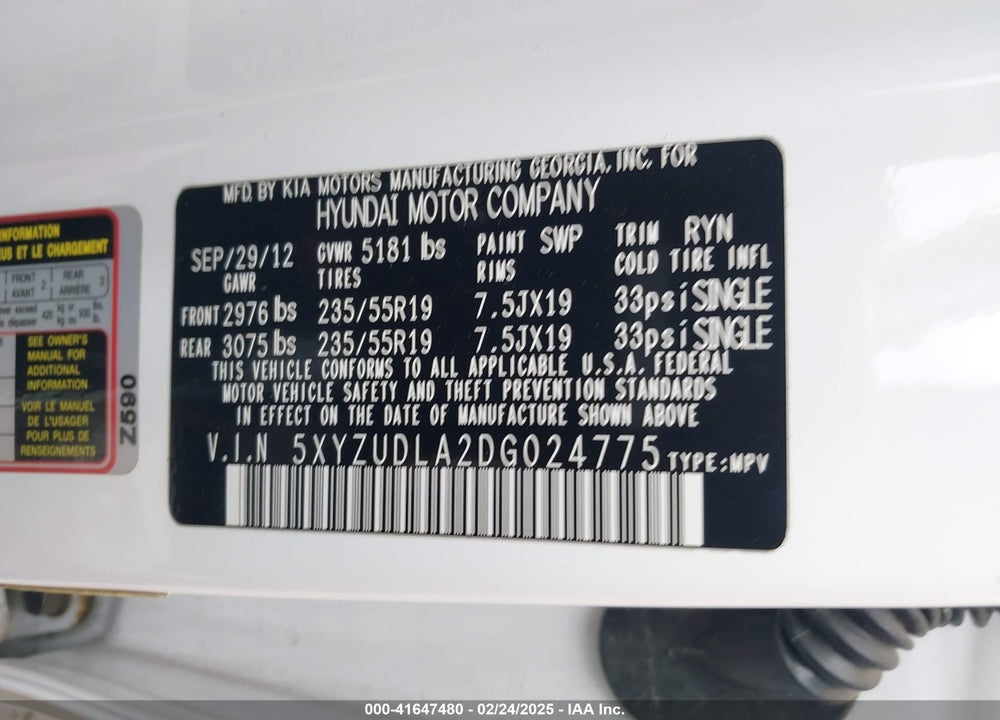 2013 HYUNDAI SANTA FE SPORT 2.0T VIN: 5XYZUDLA2DG024775