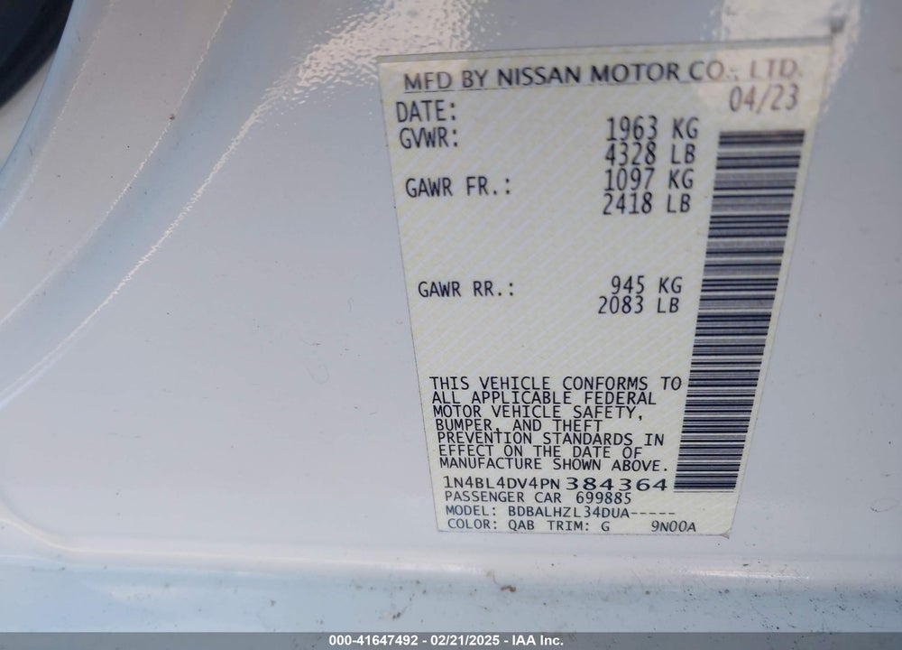 2023 NISSAN ALTIMA SV FWD VIN: 1N4BL4DV4PN384364