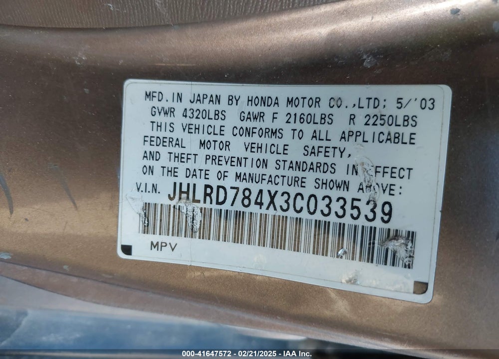 2003 HONDA CR-V LX VIN: JHLRD784X3C033539