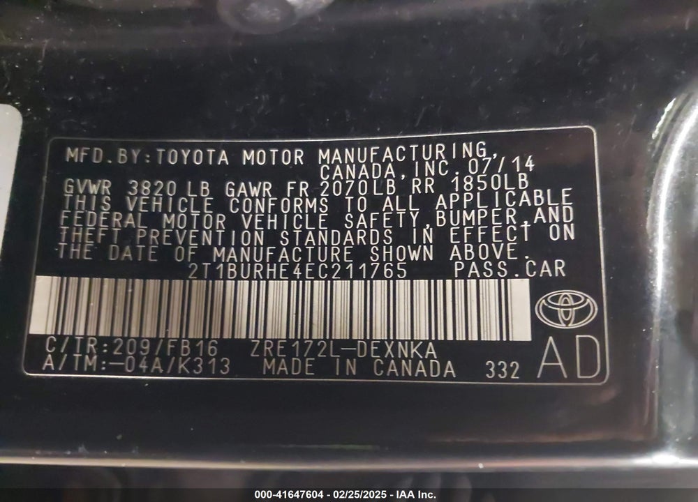 2014 TOYOTA COROLLA LE PLUS VIN: 2T1BURHE4EC211765